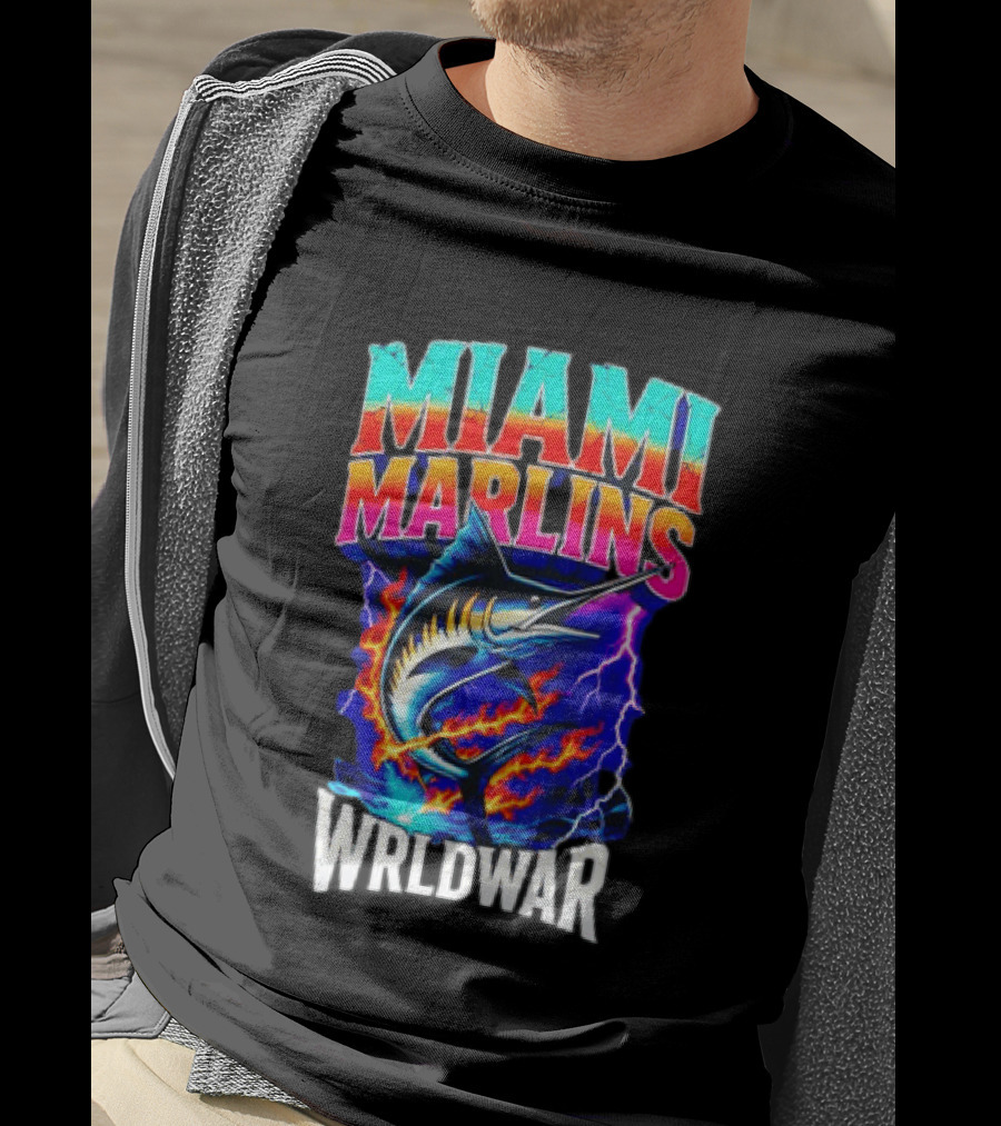 Miami Marlins Wrldwar Lightning Flame Marlin T-Shirt