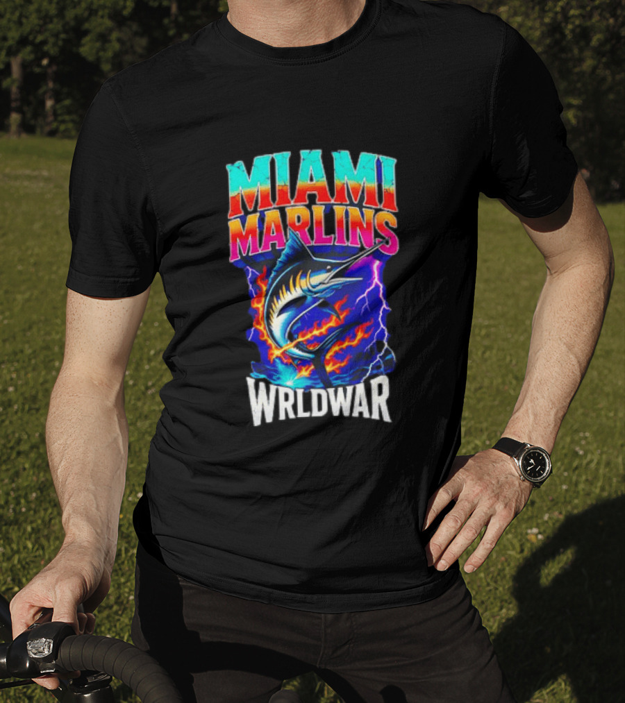 Miami Marlins Wrldwar Lightning Flame Marlin T-Shirt
