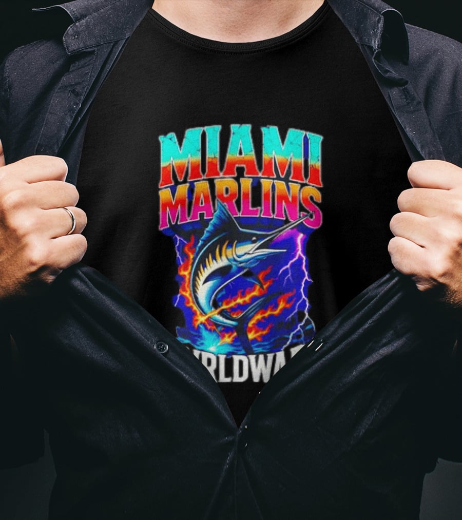 Miami Marlins Wrldwar Lightning Flame Marlin T-Shirt
