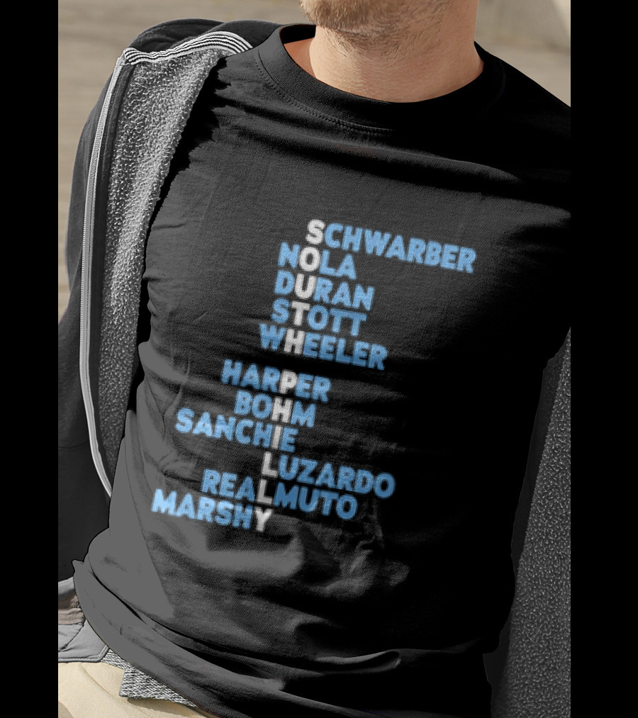 Philadelphia Phillies South Philly Baseball Player Names 2026 Schwaber Nola Duran Stott Wheeler Harper Bohm Sanchez Luzardo Realmuto Marsh T-Shirt