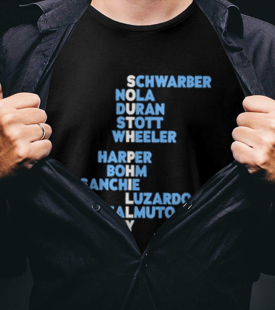 Philadelphia Phillies South Philly Baseball Player Names 2026 Schwaber Nola Duran Stott Wheeler Harper Bohm Sanchez Luzardo Realmuto Marsh T-Shirt