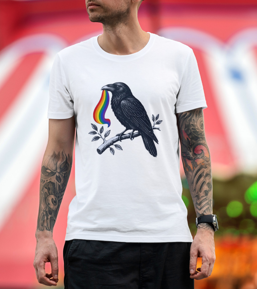Rainbow Raven Pride Bird Holding Colorful Ribbon On Branch T-Shirt