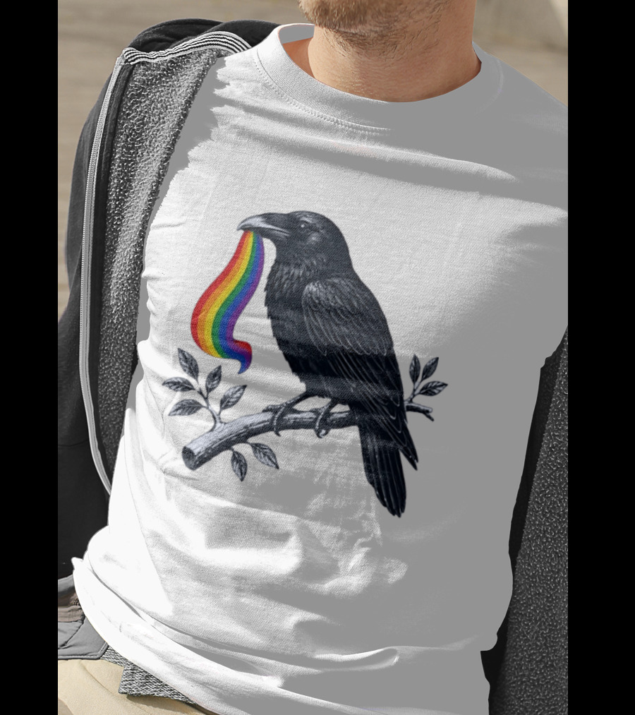 Rainbow Raven Pride Bird Holding Colorful Ribbon On Branch T-Shirt
