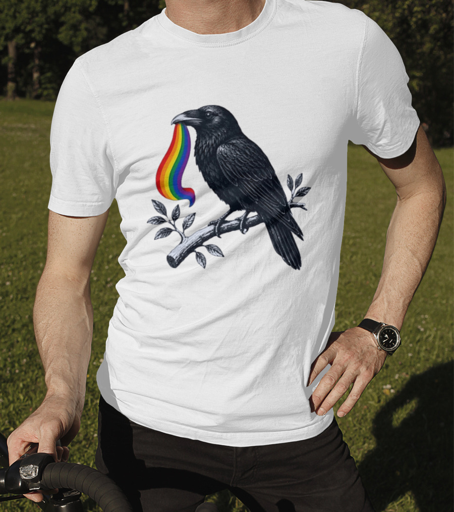 Rainbow Raven Pride Bird Holding Colorful Ribbon On Branch T-Shirt