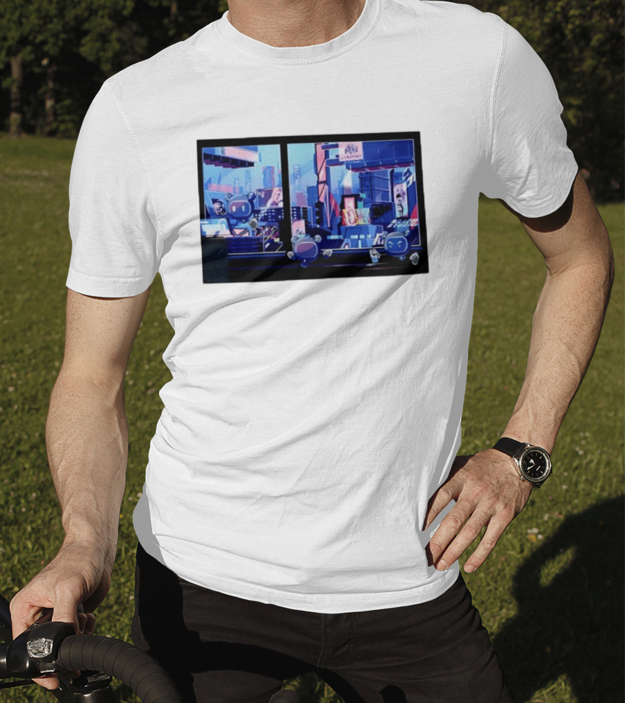 Lit Bot Apts Robots Futuristic City Skyline Pixel T-Shirt
