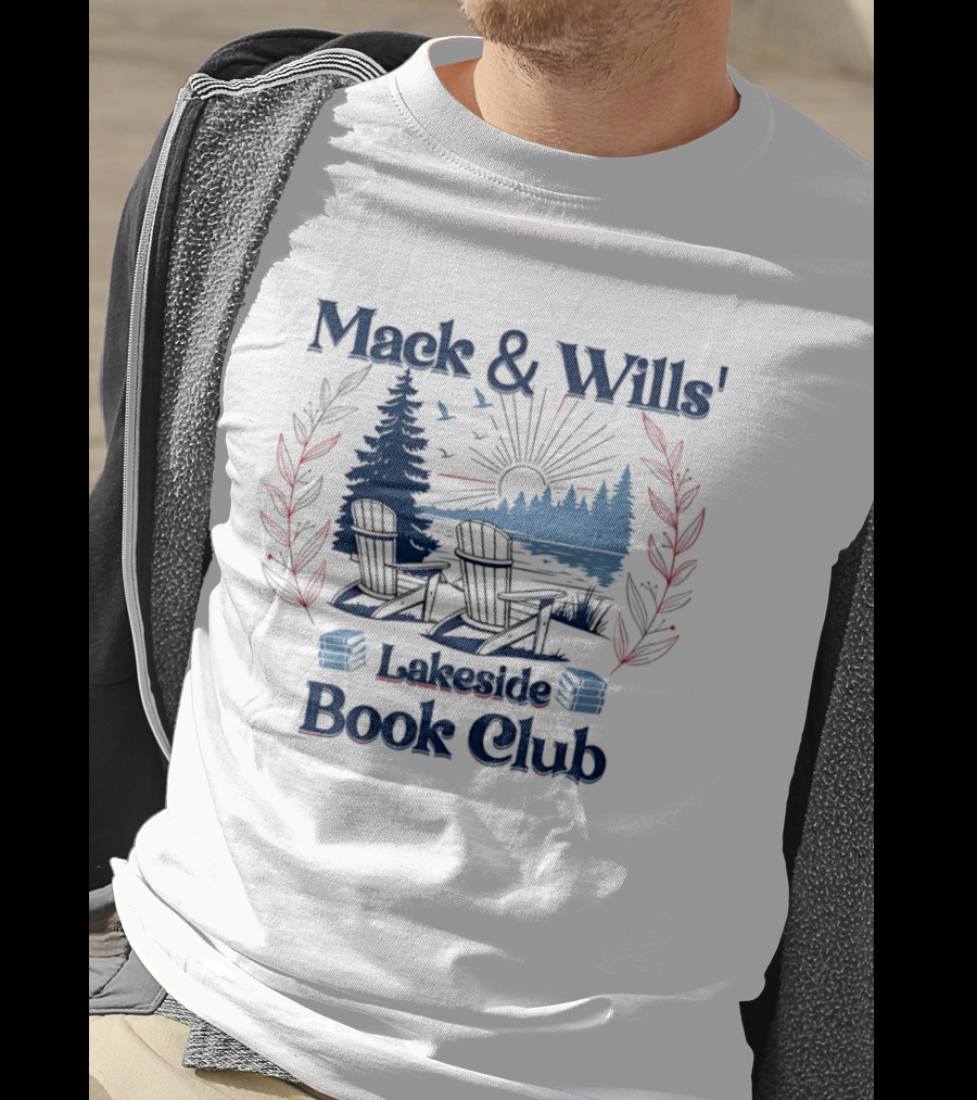 Mack & Wills' Lakeside Book Club Adirondack Chairs Sunset Scene T-Shirt
