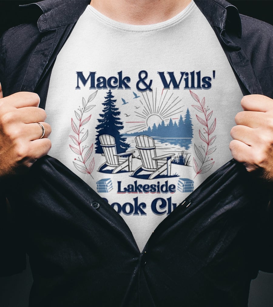 Mack & Wills' Lakeside Book Club Adirondack Chairs Sunset Scene T-Shirt