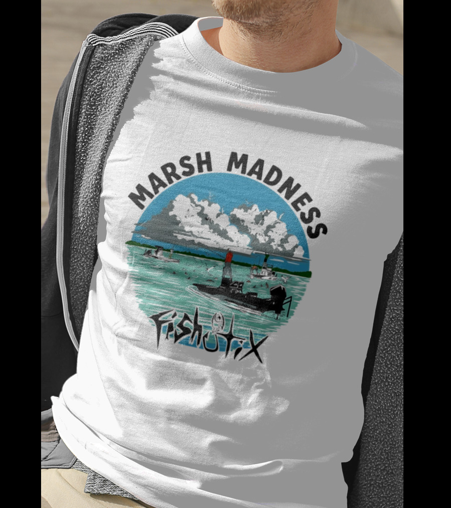 Marsh Madness Fishstix Boat Fishing Scene T-Shirt