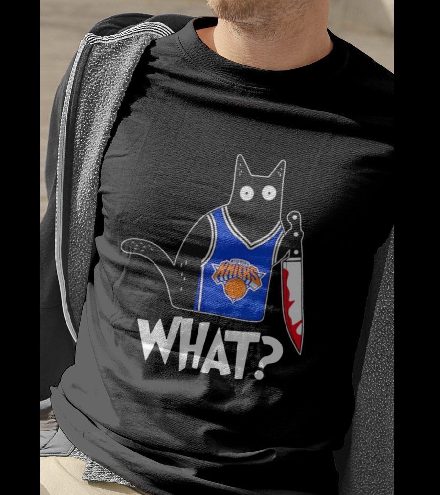 New York Knicks Cat Holding Knife Halloween WHAT T-Shirt