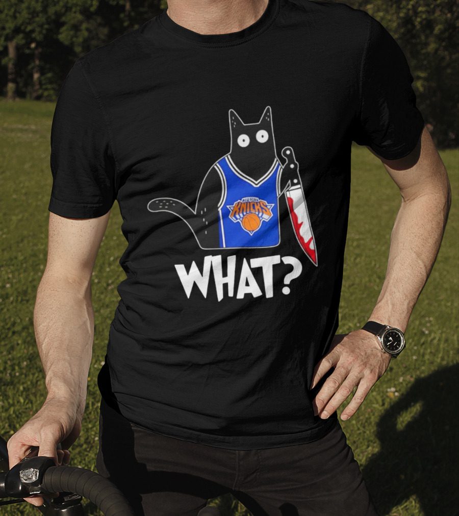 New York Knicks Cat Holding Knife Halloween WHAT T-Shirt