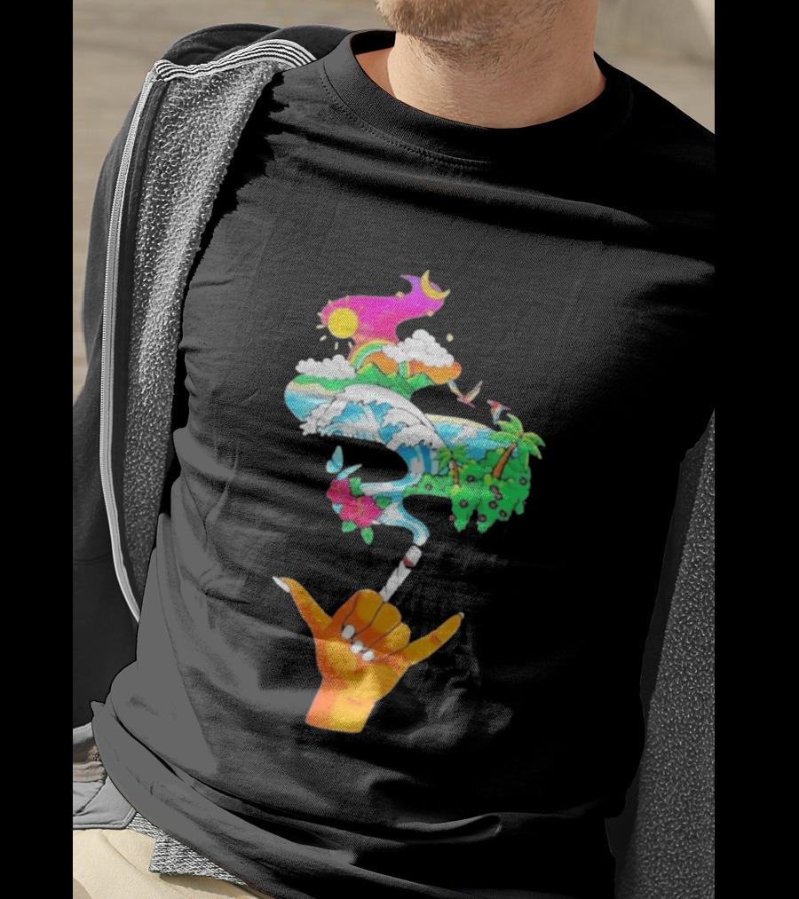 Shaka Hand Gesture With Tropical Island Wave And Colorful Clouds T-Shirt