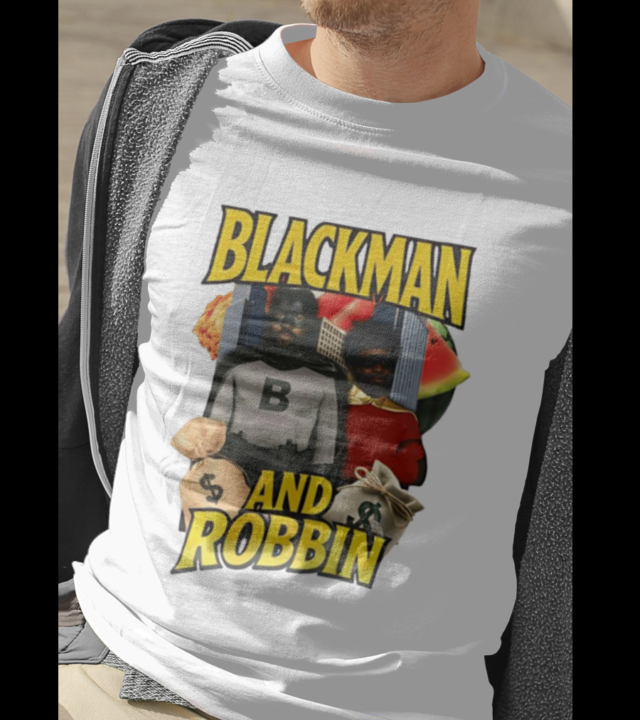 Blackman And Robbin Superhero Satire Comedy Money Bags Cityscape T-Shirt