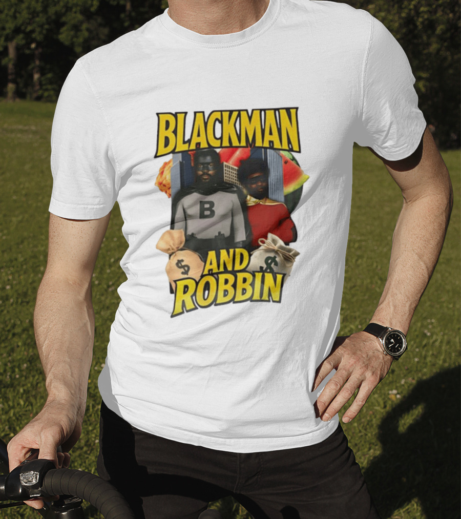 Blackman And Robbin Superhero Satire Comedy Money Bags Cityscape T-Shirt