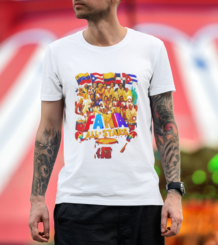 Fania All Stars Band With Colorful Flags And Musical Instruments T-Shirt