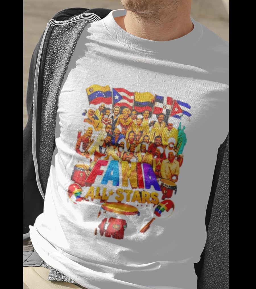 Fania All Stars Band With Colorful Flags And Musical Instruments T-Shirt