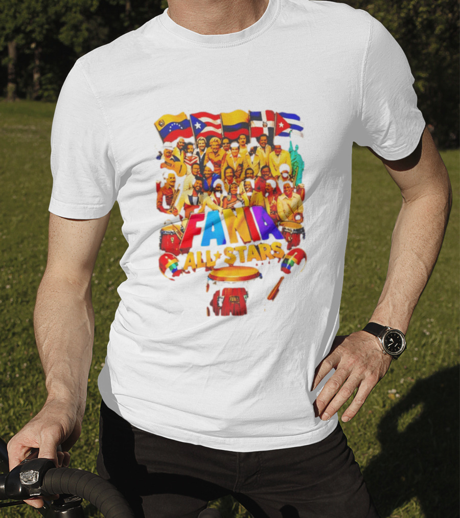 Fania All Stars Band With Colorful Flags And Musical Instruments T-Shirt