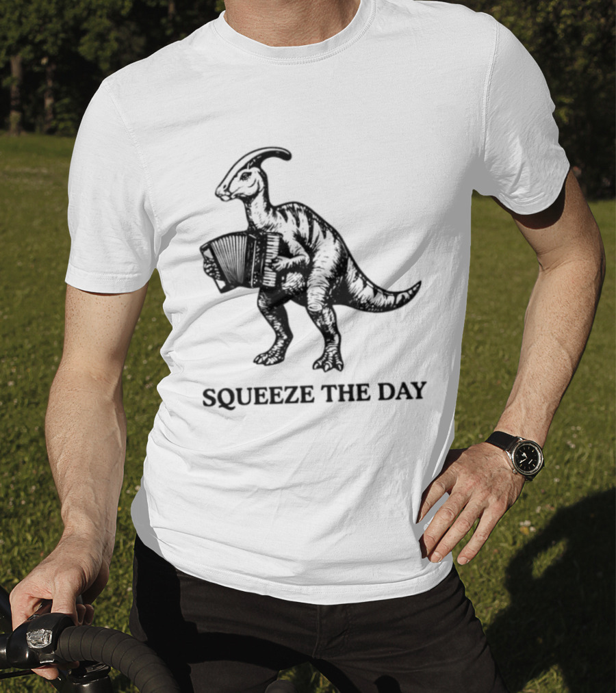 Parasaurolophus Squeeze The Day Playing Accordion T-Shirt