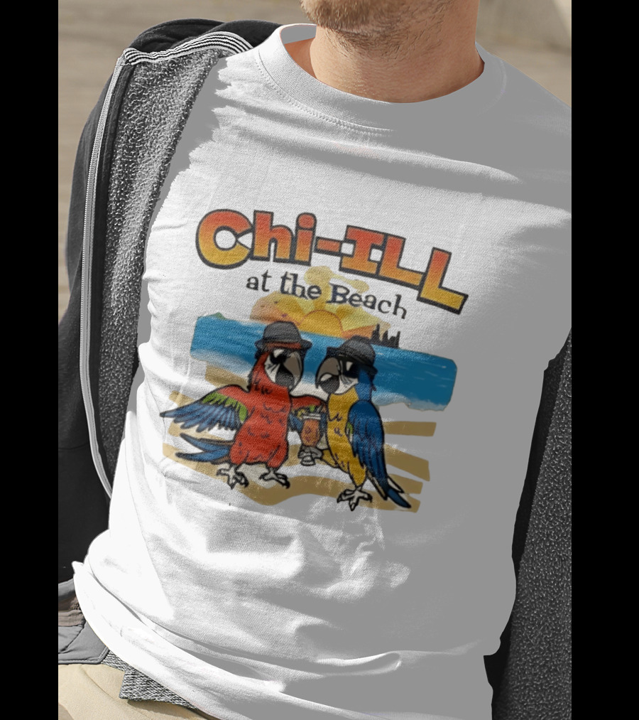 Chi ILL At The Beach Parrots With Hats And Sunset Scene T-Shirt