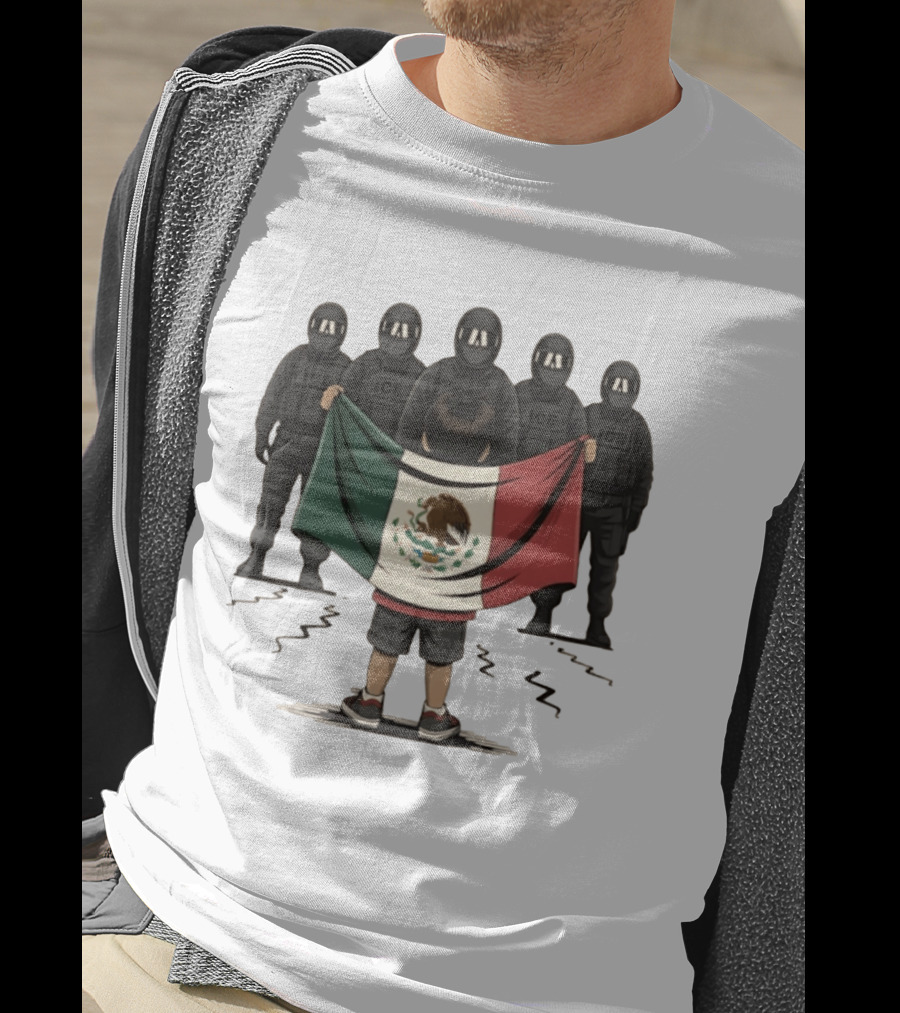 Mexican Flag Held By Kid Facing ICE Tactical Officers T-Shirt