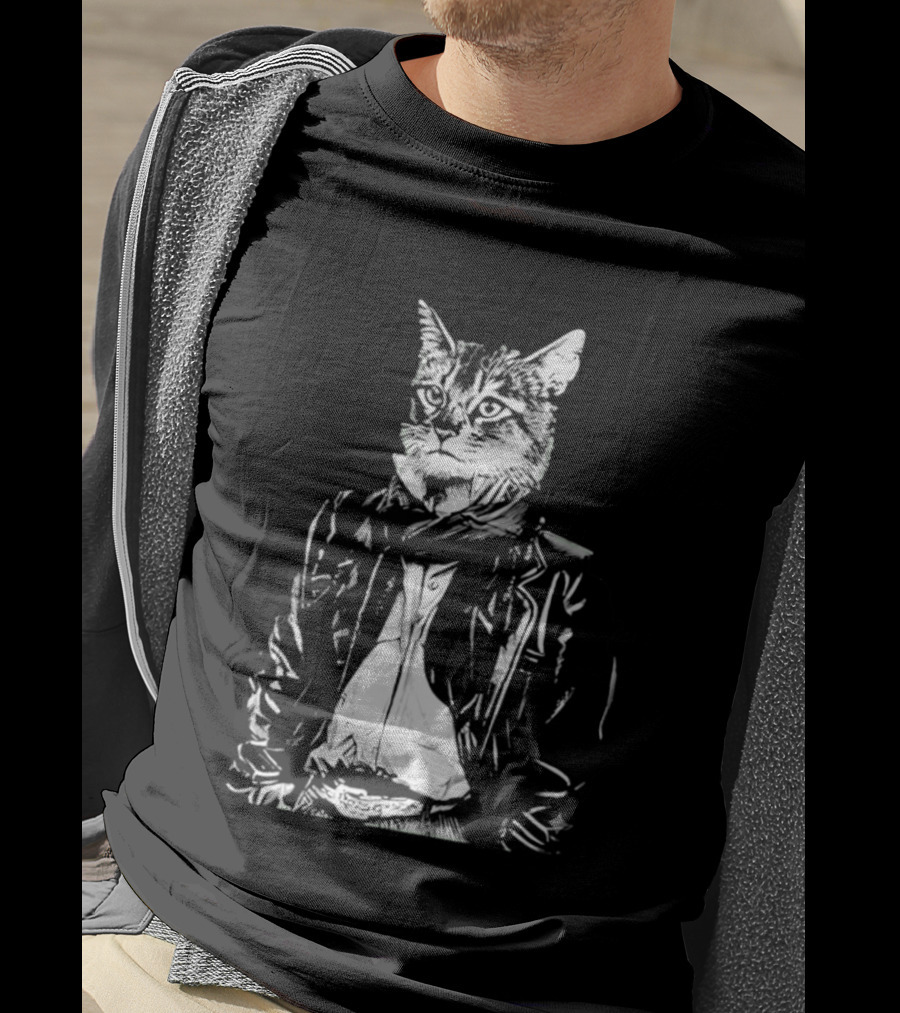 Cat They Only Come Out At Night Cool Cat In Leather Jacket T-Shirt