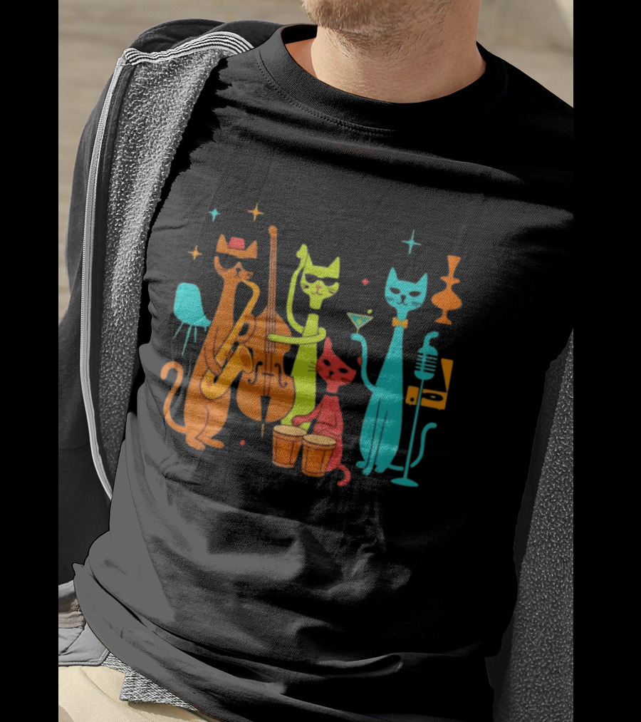 Jazz Cat Quartet Playing Instruments Bass Bongo Trumpet Martini T-Shirt
