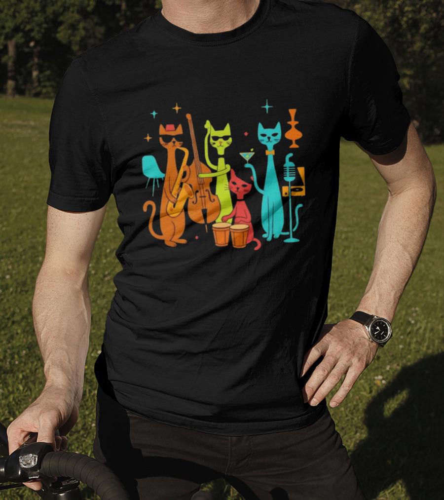 Jazz Cat Quartet Playing Instruments Bass Bongo Trumpet Martini T-Shirt