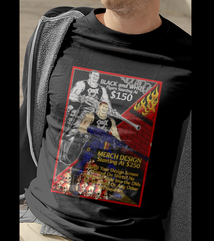 Crux Black And White Flyers And Merch Services Skulls And Flames Promo T-Shirt