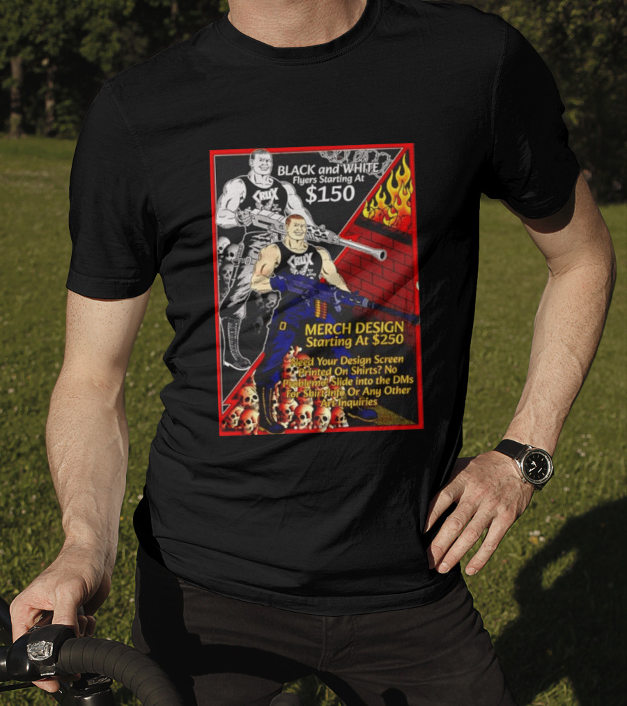 Crux Black And White Flyers And Merch Services Skulls And Flames Promo T-Shirt