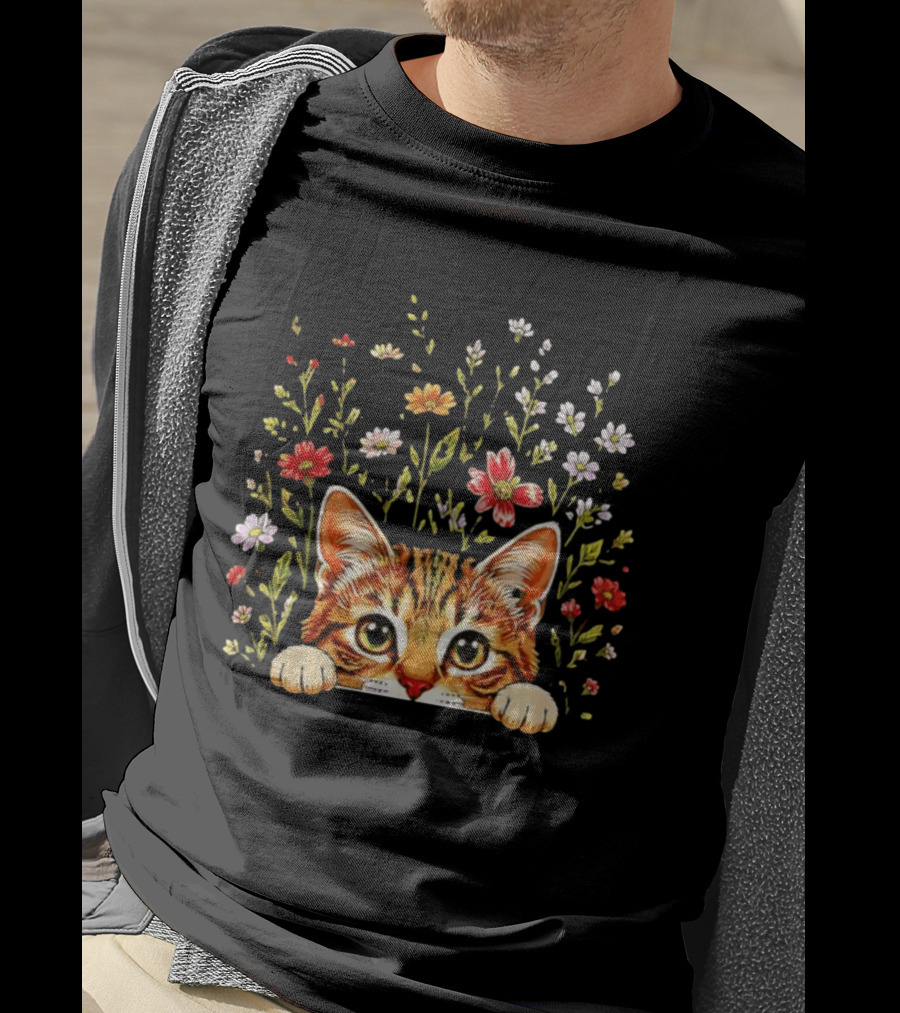 Tabby Kitten Head Through Wildflowers Florals T-Shirt