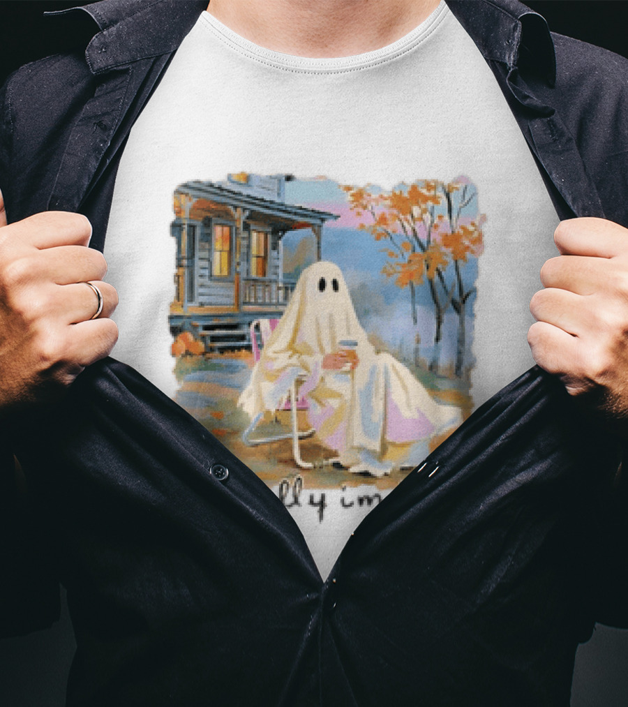 Ghost Mentally I'm Here Autumn Scene With Ghost At Cozy Porch T-Shirt