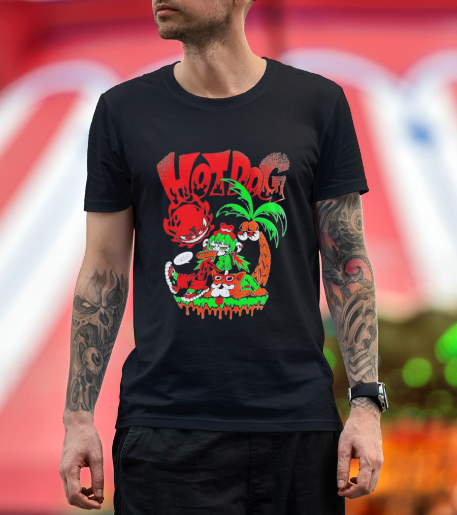 Hotdog Atsusugi Girl With Bear Hat And Dog Under Palm Tree T-Shirt