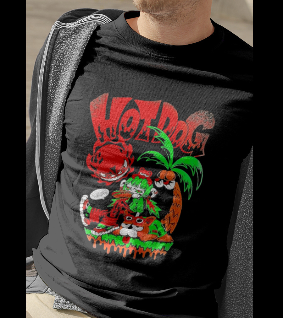 Hotdog Atsusugi Girl With Bear Hat And Dog Under Palm Tree T-Shirt