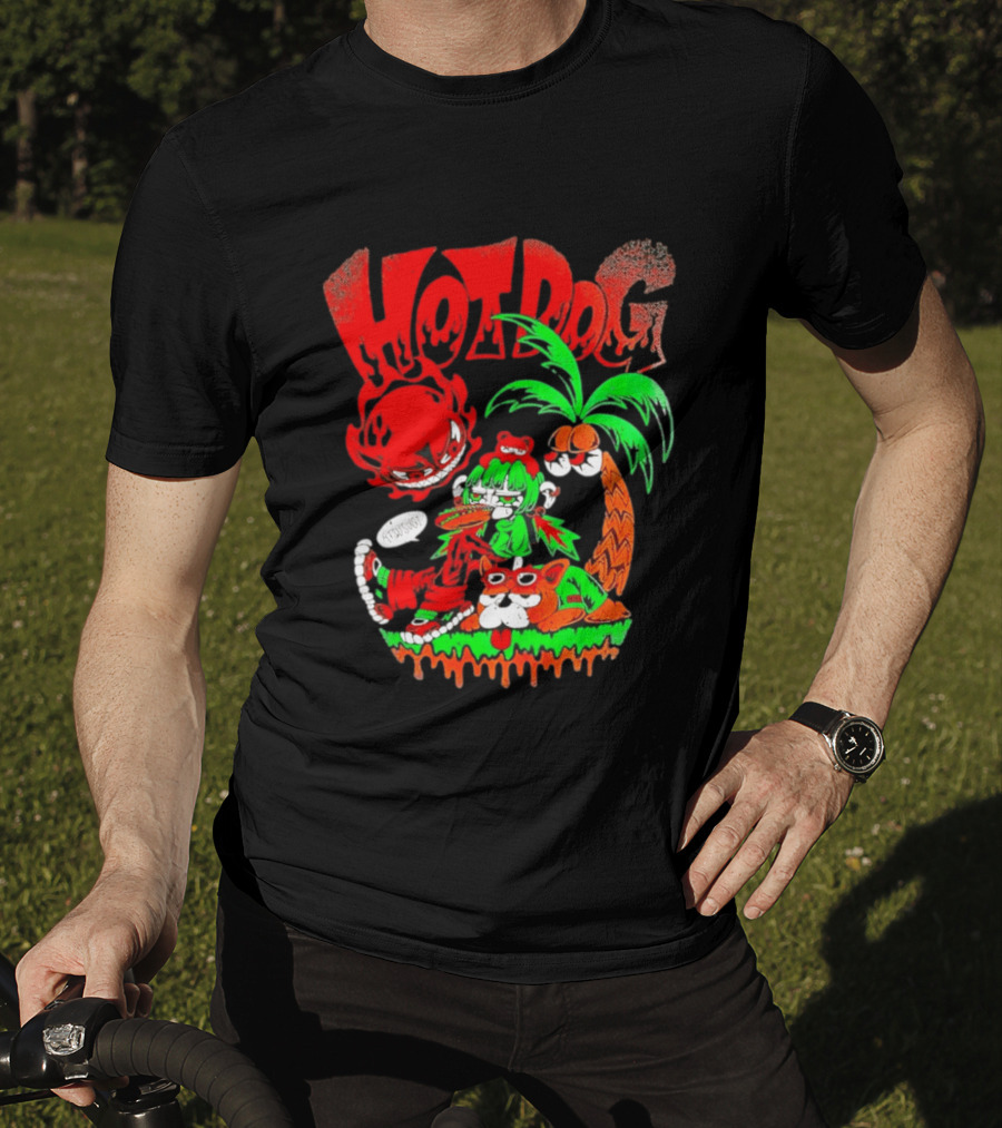 Hotdog Atsusugi Girl With Bear Hat And Dog Under Palm Tree T-Shirt