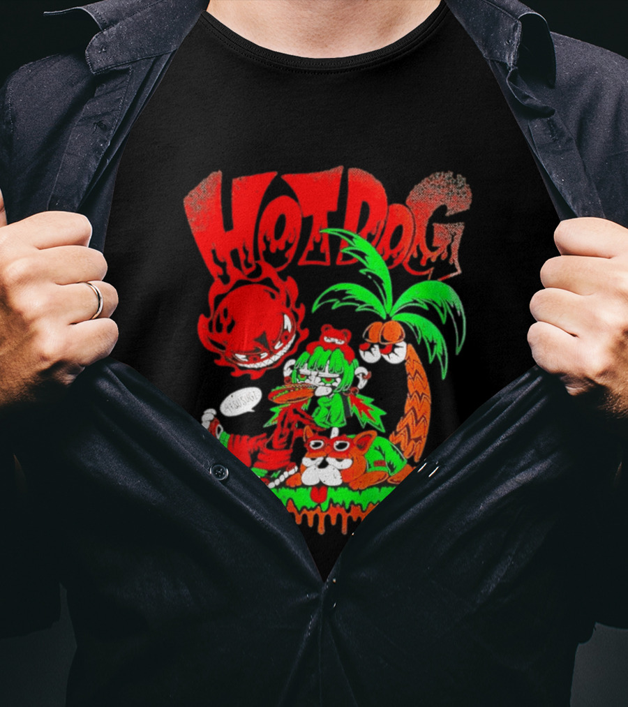 Hotdog Atsusugi Girl With Bear Hat And Dog Under Palm Tree T-Shirt