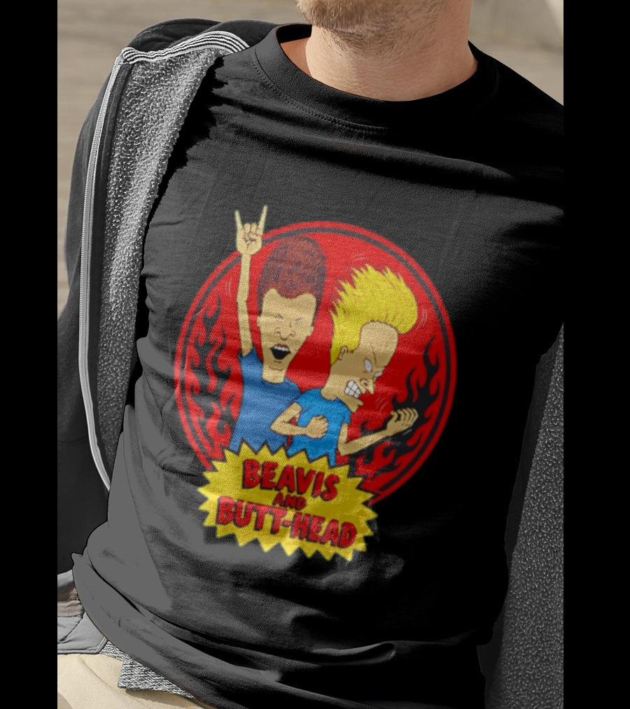 Beavis And Butt Head Rocking Out Flames Circle T-Shirt