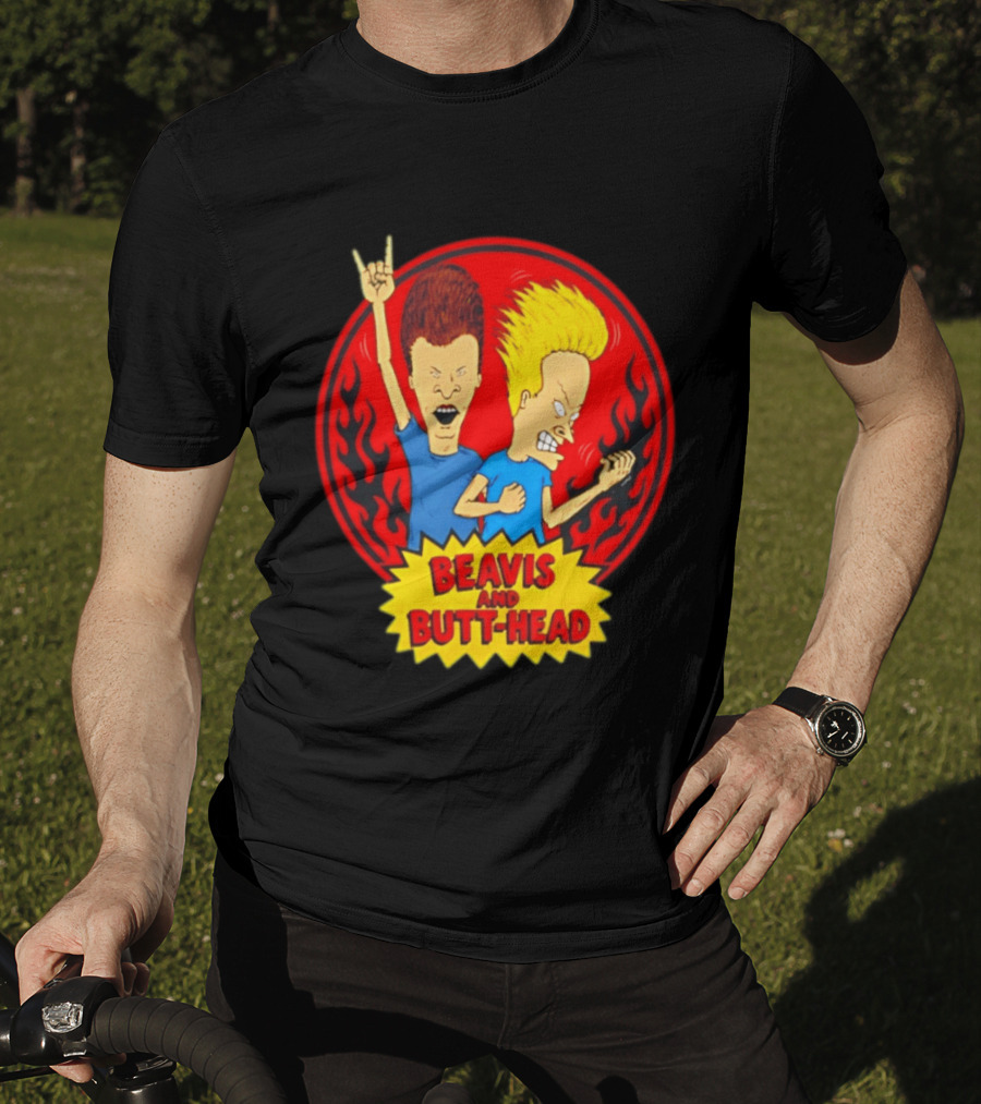 Beavis And Butt Head Rocking Out Flames Circle T-Shirt