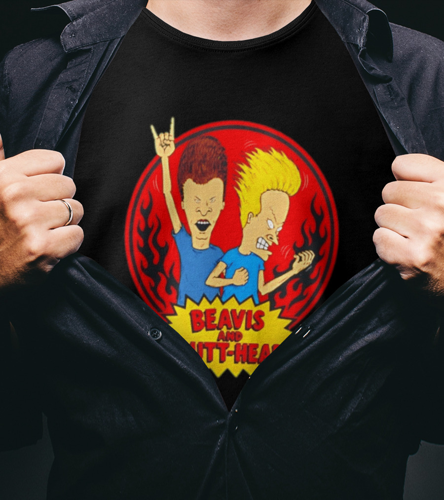 Beavis And Butt Head Rocking Out Flames Circle T-Shirt