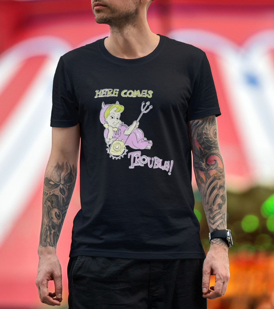 Here Comes Trouble Devil Baby With Pitchfork And Telephone T-Shirt