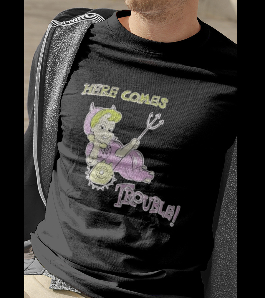 Here Comes Trouble Devil Baby With Pitchfork And Telephone T-Shirt