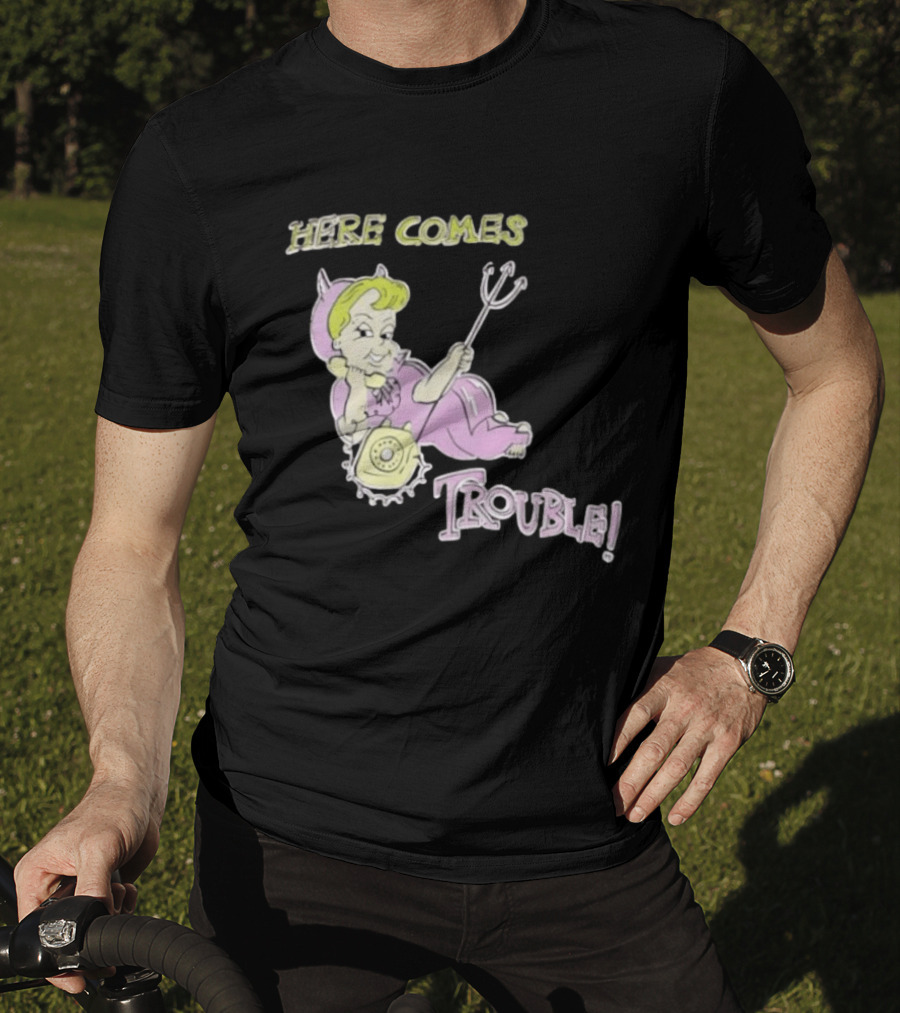 Here Comes Trouble Devil Baby With Pitchfork And Telephone T-Shirt