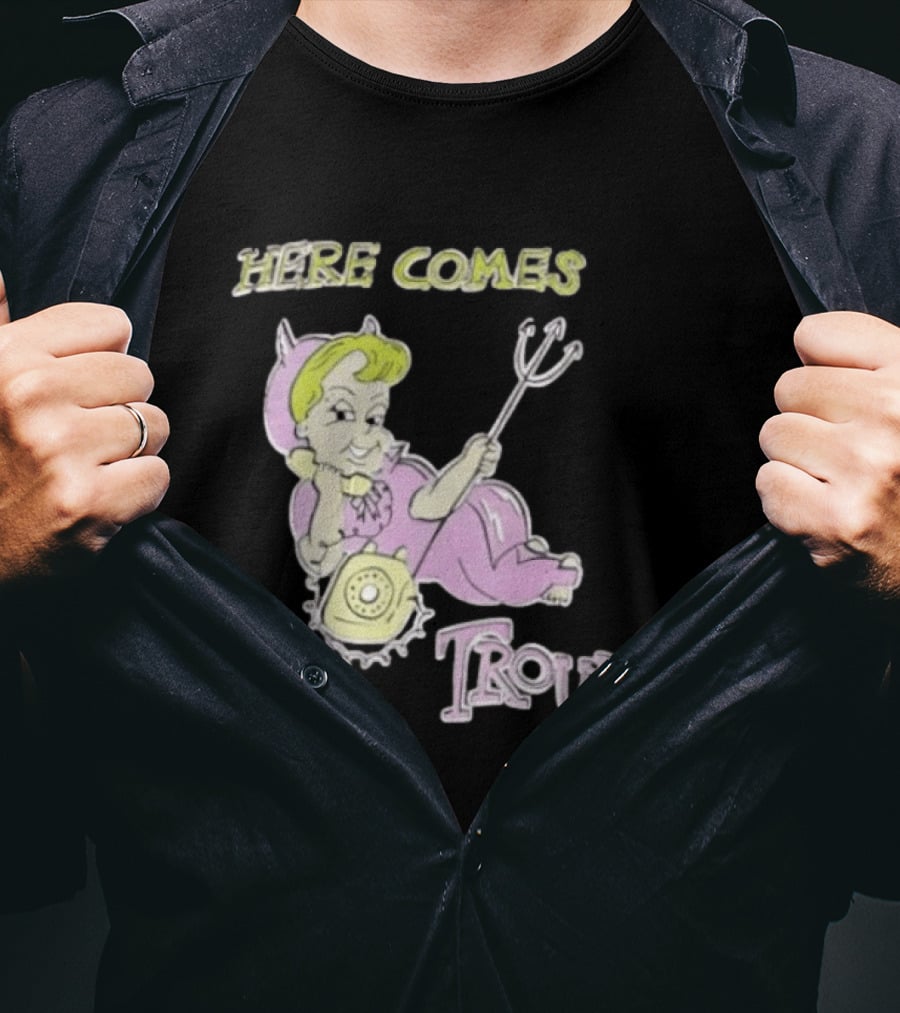 Here Comes Trouble Devil Baby With Pitchfork And Telephone T-Shirt
