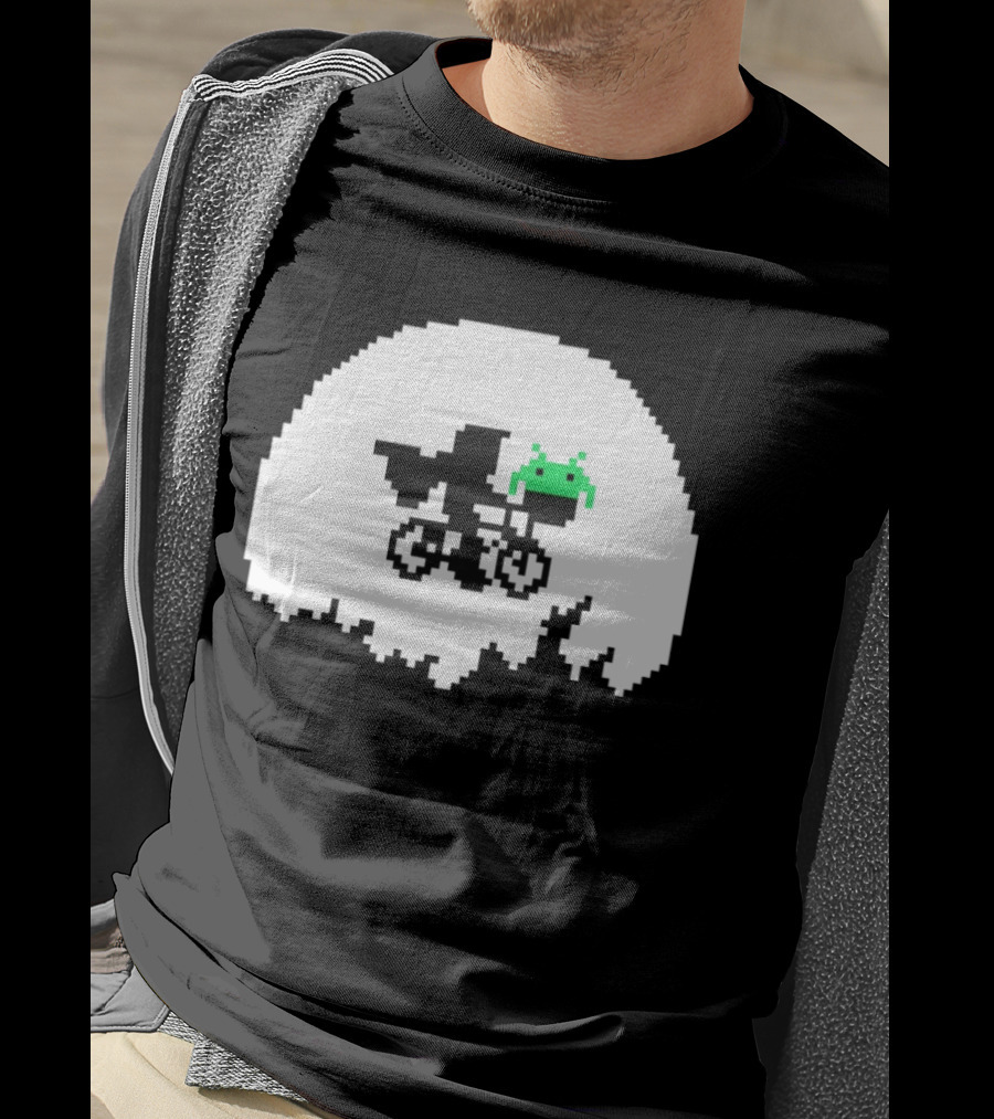 Elliott And Extra Terrestrial On Bicycle With Space Invader Pixel T-Shirt