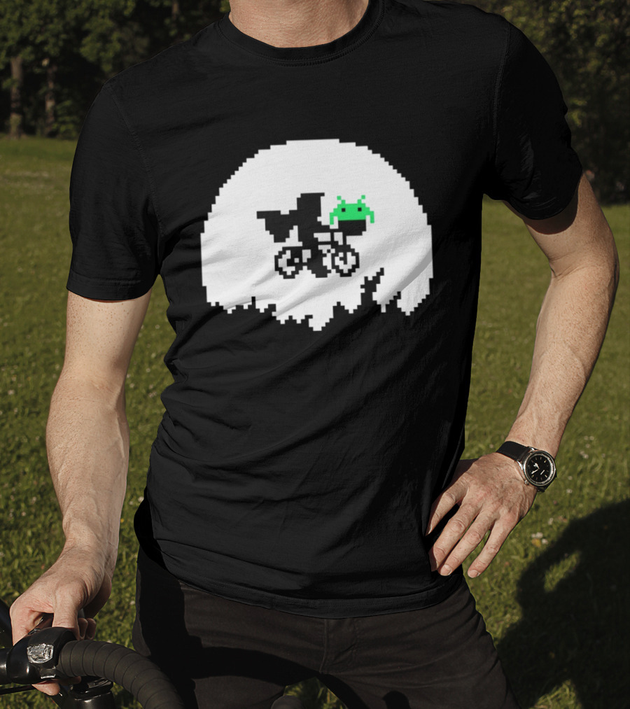 Elliott And Extra Terrestrial On Bicycle With Space Invader Pixel T-Shirt