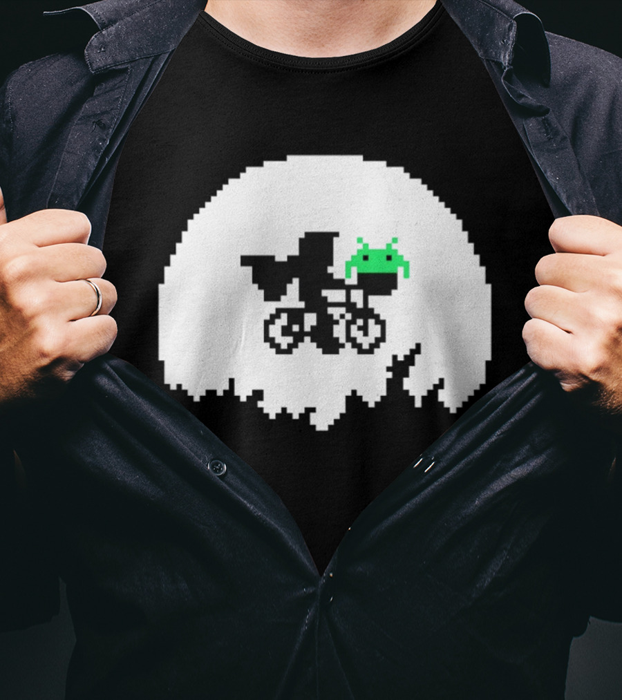 Elliott And Extra Terrestrial On Bicycle With Space Invader Pixel T-Shirt