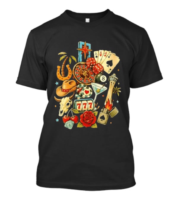 Las Vegas Casino Lucky Seven Poker Ace Of Spades Roulette Dice Palm Tree Horseshoe Rose Martini Skyscraper T-Shirt