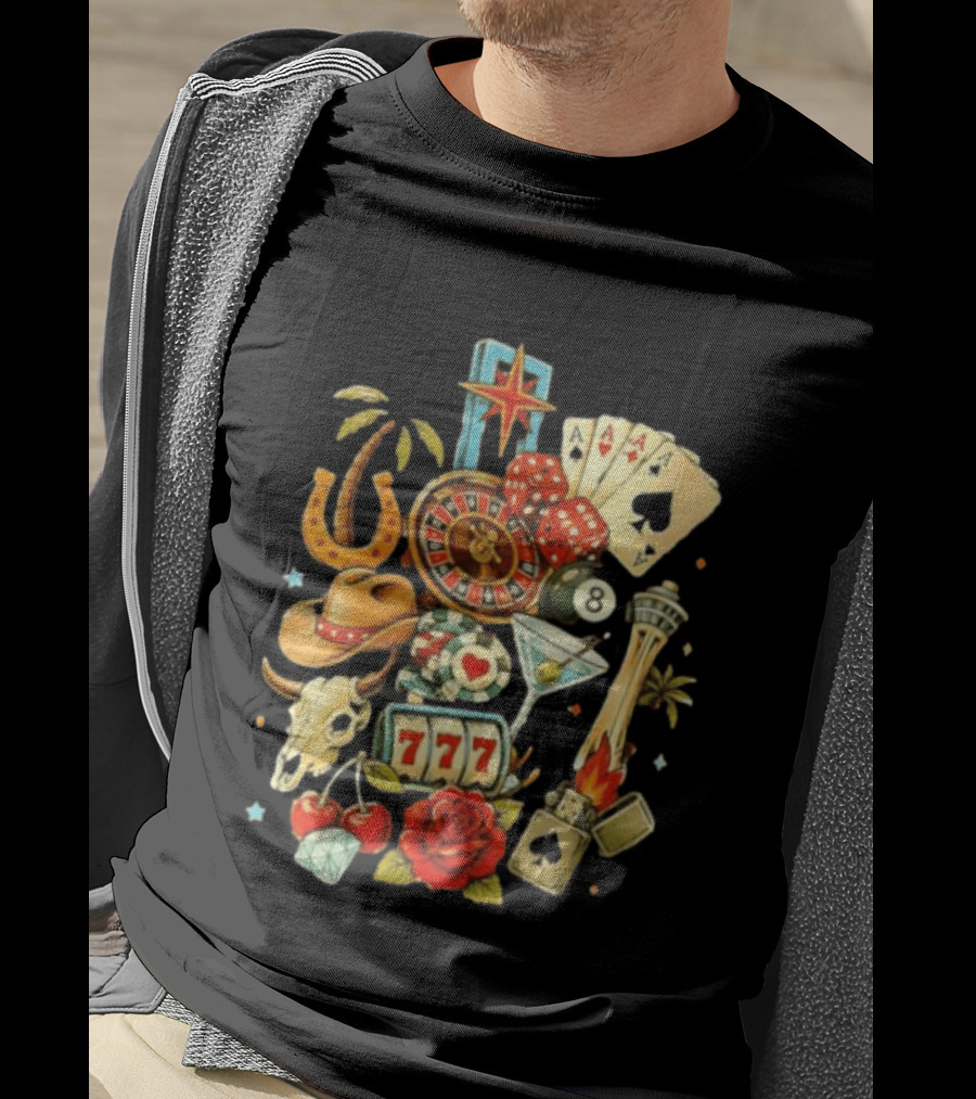 Las Vegas Casino Lucky Seven Poker Ace Of Spades Roulette Dice Palm Tree Horseshoe Rose Martini Skyscraper T-Shirt