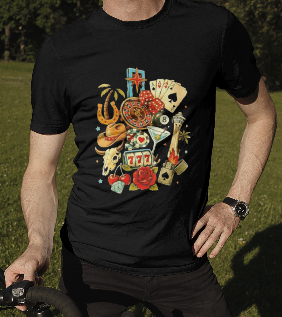Las Vegas Casino Lucky Seven Poker Ace Of Spades Roulette Dice Palm Tree Horseshoe Rose Martini Skyscraper T-Shirt