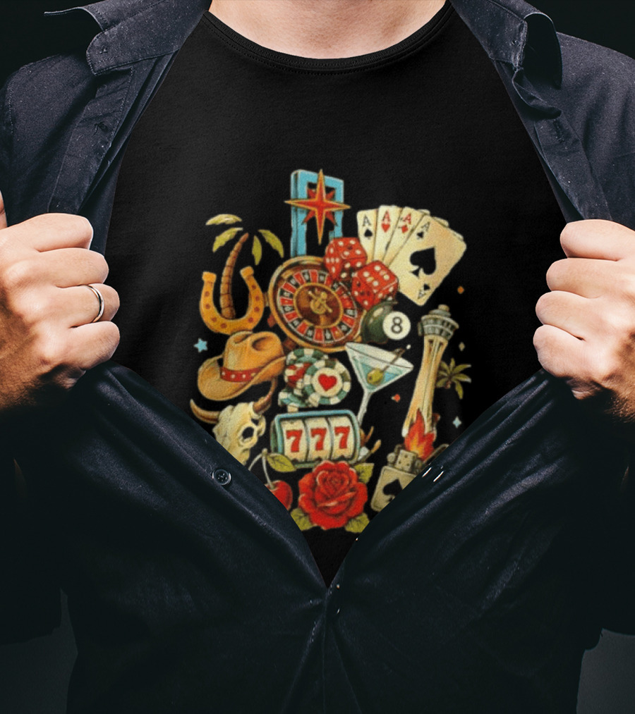 Las Vegas Casino Lucky Seven Poker Ace Of Spades Roulette Dice Palm Tree Horseshoe Rose Martini Skyscraper T-Shirt