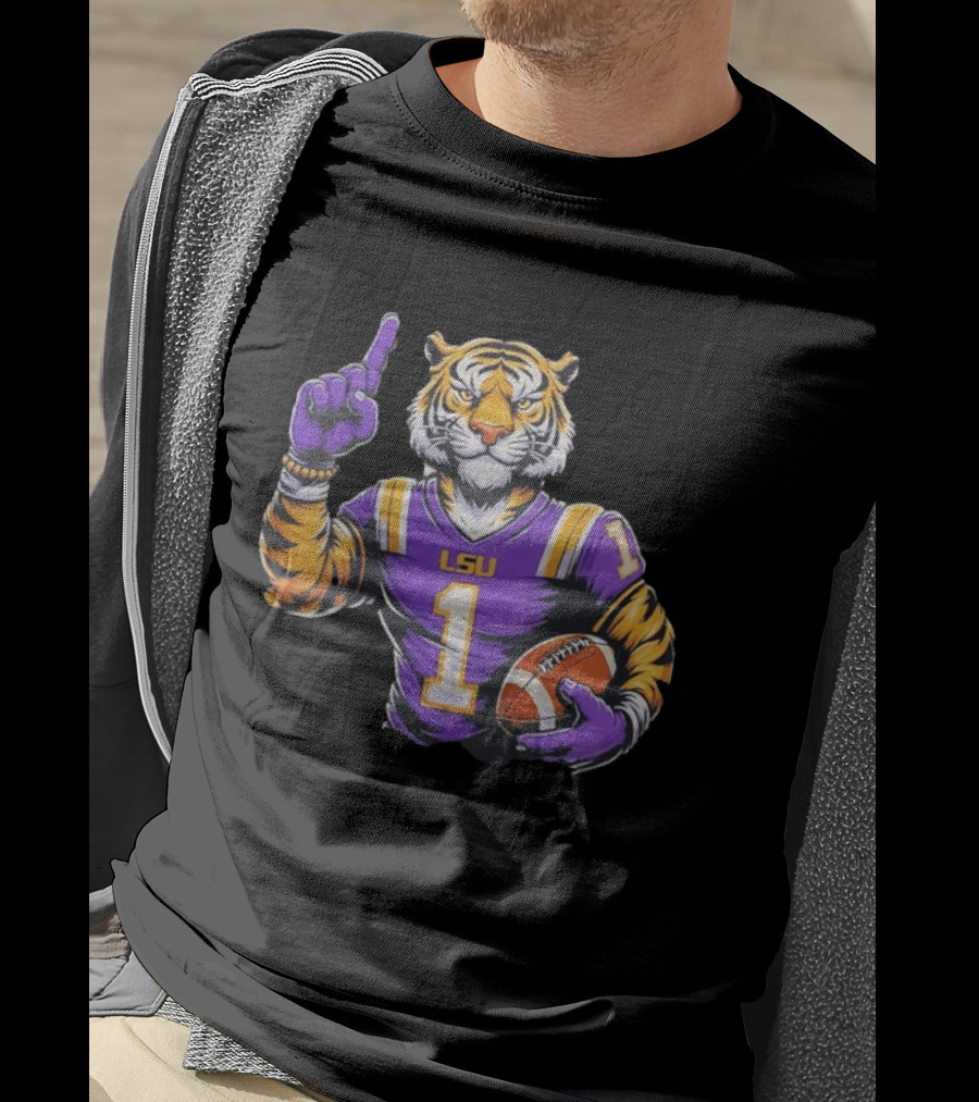 LSU Tiger Football Pointing Number 1 Holding Ball T-Shirt