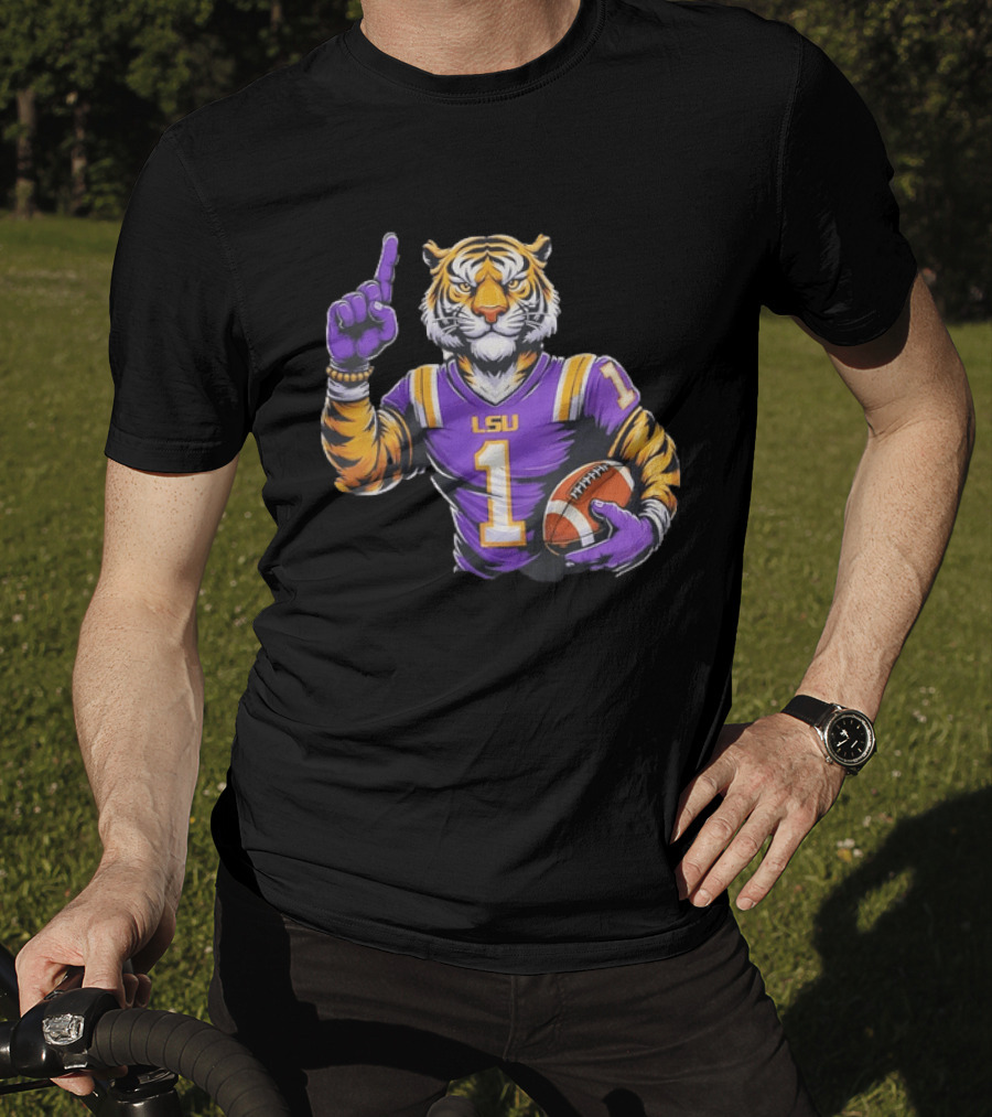 LSU Tiger Football Pointing Number 1 Holding Ball T-Shirt